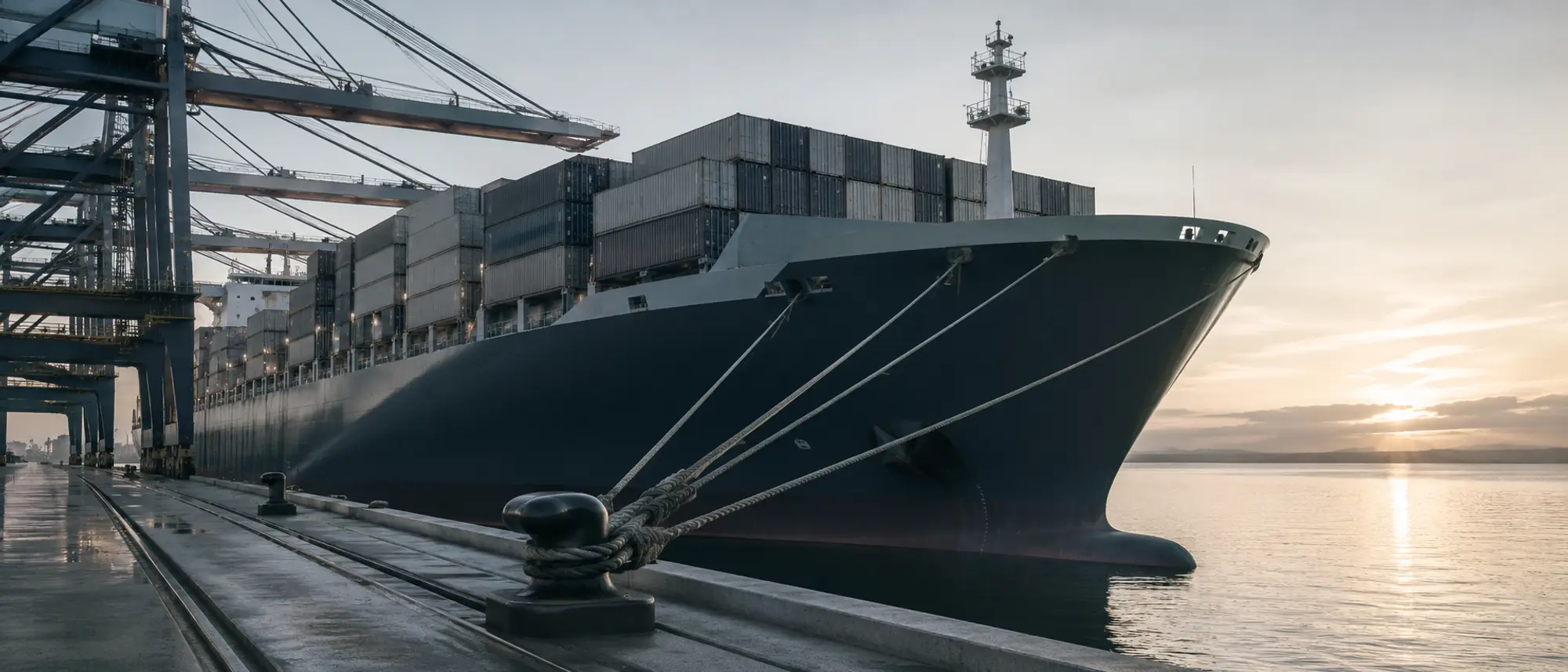Nave de carga atracada en un terminal portuario.